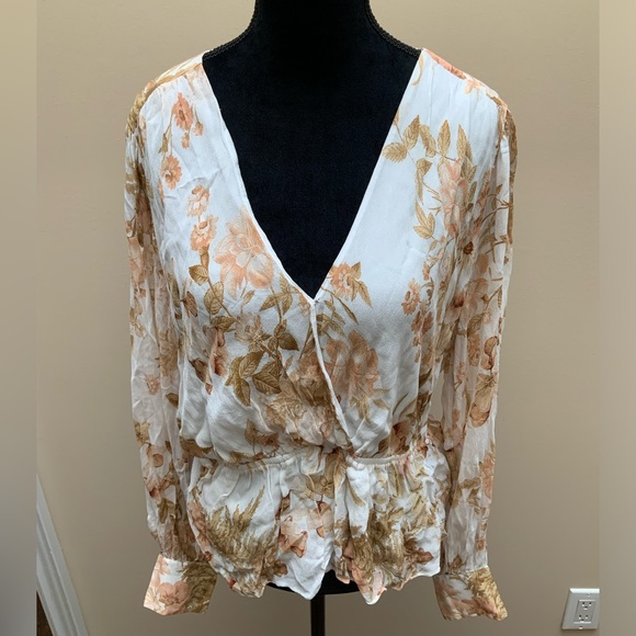 EVER NEW Fitted V-Neck Cross Over Floral Leaf Long Sleeve Blouse Women’s size 10 - Picture 11 of 13